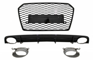 Difuzor Bara Spate cu Ornamente Evacuare compatibil cu Audi A6 4G Facelift 2015-2018 si Grila Bara Fata RS6 Design Black doar Bara Spate S-line