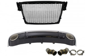 Difuzor Bara Spate si Ornamente Evacuare compatibil cu Audi A4 B8 Pre Facelift 2007-2011 cu Grila Centrala RS Desing Negru Lucios
