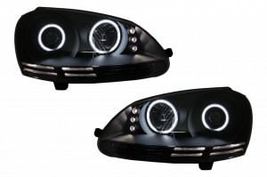 Faruri CCFL Angel Eyes LED compatibil cu VW Golf V 5, Jetta 5 2004-2009 Negru