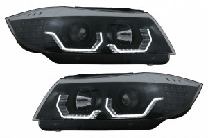 Set faruri 3D LED Angel Eyes compatibil cu BMW Seria 3 Limousine E90 Touring E91 2005-2008 LHD Negru