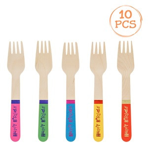 Furculite de Petrecere din Lemn Colorate Happy Birthday 16cm - 10buc
