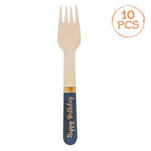 Furculite de Petrecere din Lemn Happy Birthday Albastre Folie Aurie 16cm - 10buc
