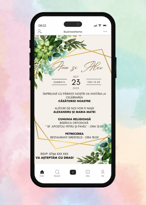Invitatie Electronica/Digitala pentru nunta, model Green Floral