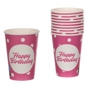 Pahare de Petrecere Fucsia cu Buline Albe Happy Birthday 270ml - 10buc