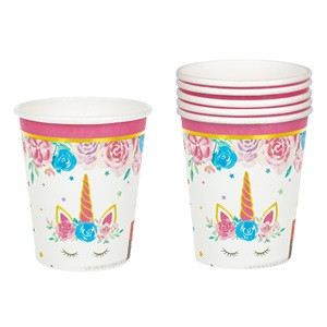 Pahare din Carton de Petrecere Unicorn Flori Folie Aurie 240ml - 6buc
