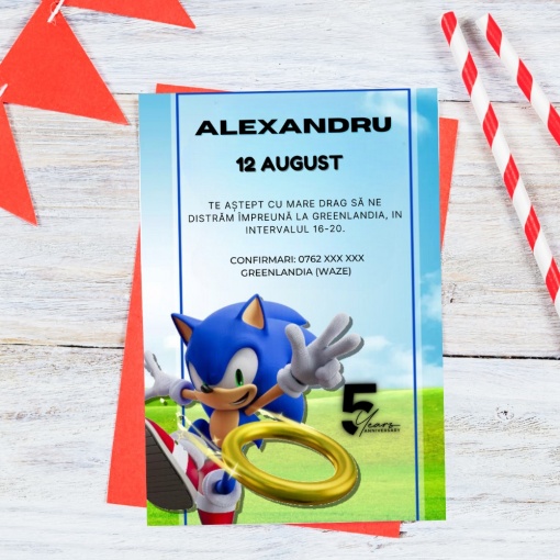 Set 10 invitatii aniversare aniversare baieti, cu plicuri, model Sonic