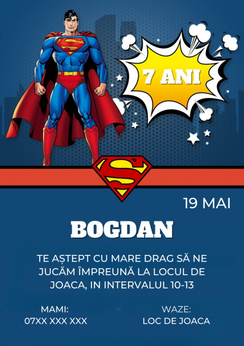 Set 10 invitatii aniversare aniversare baieti, cu plicuri, model Superman
