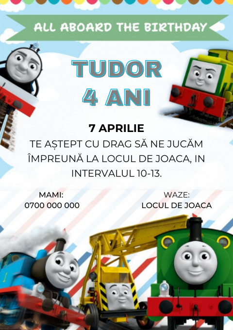 Set 10 invitatii aniversare zi de nastere baieti, tematica Trenuletul Thomas, plus plicuri