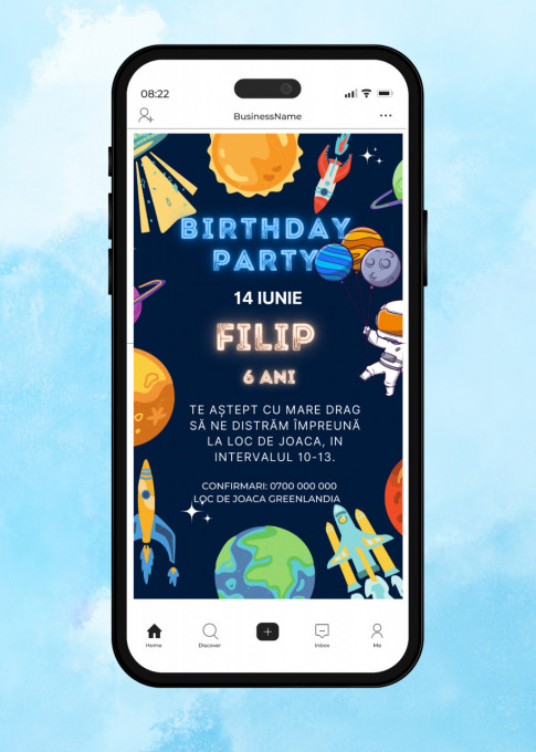 Invitatie Electronica/Digitala aniversare baieti, pentru copii, model Spatiu/Astronaut