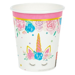 Pahare din Carton de Petrecere Unicorn Flori Folie Aurie 270ml - 6buc