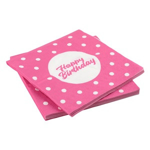 Servetele de Masa Fucsia cu Buline Albe Happy Birthday de Petrecere 33x33cm - 20buc