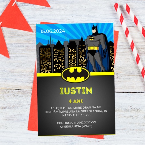 Set 10 invitatii aniversare aniversare baieti, cu plicuri, model Batman