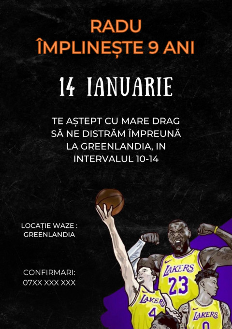 Set 10 invitatii aniversare aniversare baieti, cu plicuri, model Lakers Basket