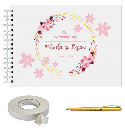 Set Album foto / GuestBook pentru nunta, MODEL 3, personalizabil, A4 landscape, pix si dubluadeziv inclus, 3 piese