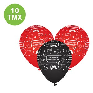 Baloane de Petrecere Negre Rosii Game "Happy Birthday" 30cm - 10buc
