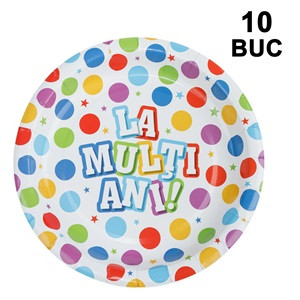 Farfurii de Petrecere din Carton Buline ”La Multi Ani!” 23cm - 10buc