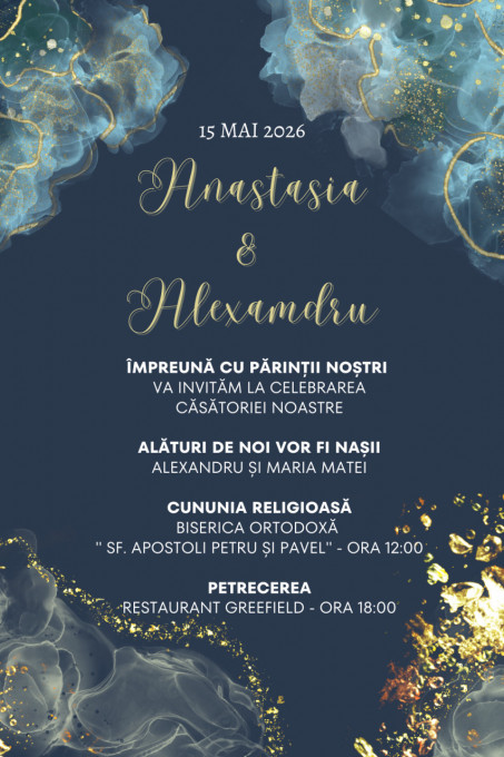 Invitatie nunta, 10x15 cm, cu plic personalizat, model 6, model Marmura Albastra