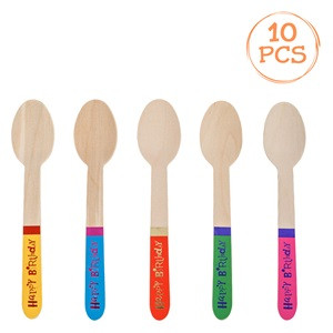 Lingurite de Petrecere din Lemn Colorate Happy Birthday 16cm - 10buc