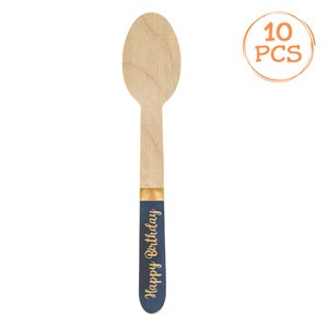 Lingurite de Petrecere din Lemn Happy Birthday Albastre Folie Aurie 16cm - 10buc