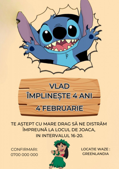 Set 10 invitatii aniversare aniversare baieti, cu plicuri, model Lilo si Stitch