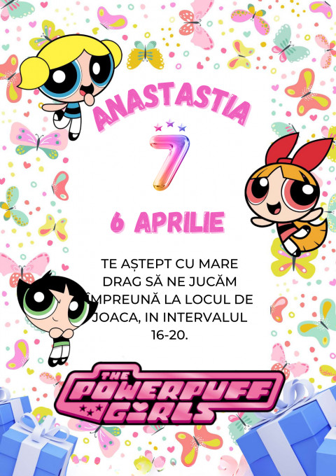 Set 10 invitatii aniversare zi de nastere Fetitele PowerPuff, fetita, plus plicuri