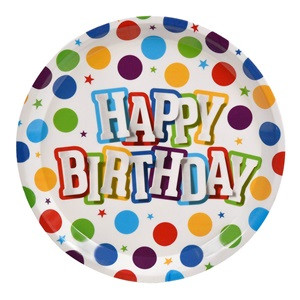 Farfurie de Servire Petrecere Buline Colorate Plastic "Happy Birthday" Ø35cm