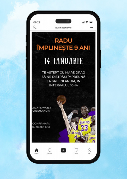 Invitatie Electronica/Digitala aniversare baieti, pentru copii, model Lakers Baschet
