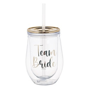 Pahar Scurt din Plastic Transparent cu Pereti Dubli & Pai Folie Aurie "Team Bride" - 350ml