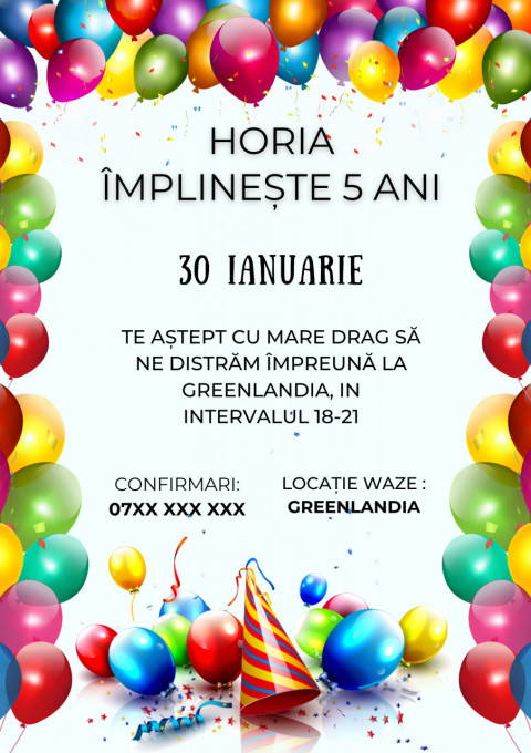 Set 10 invitatii aniversare aniversare baieti, cu plicuri, model Baloane Colorate
