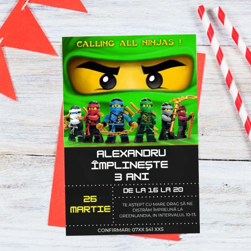 Set 10 invitatii aniversare aniversare baieti, cu plicuri, model Lego Ninjago
