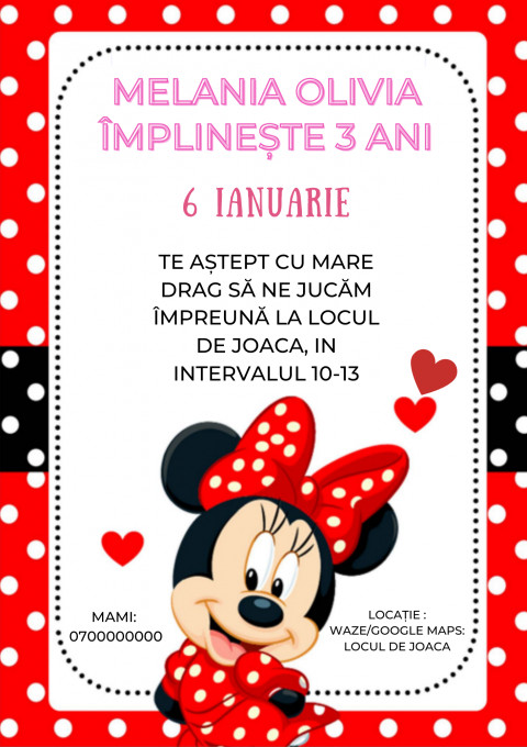 Set 10 invitatii aniversare zi de nastere Minnie Mouse, fetita, unicorn plus plicuri