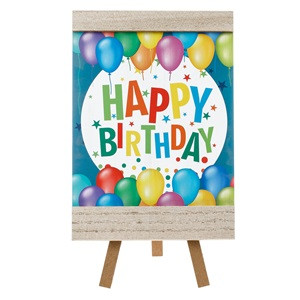 Decoratiune din Lemn Sevalet cu Model Colorat Happy Birthday Baloane 12x17cm