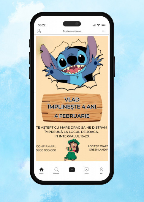Invitatie Electronica/Digitala aniversare baieti, pentru copii, model Lilo si Stitch