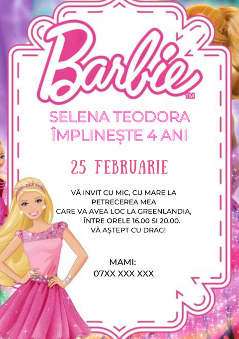 Set 10 invitatii aniversare aniversare fetite, cu plicuri, model Barbie