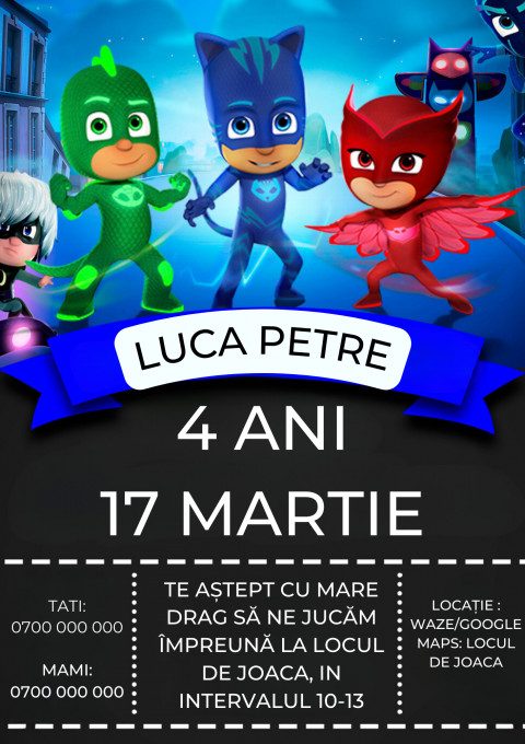 Set 10 invitatii aniversare zi de nastere baieti, tematica Eroi in Pijamale, plus plicuri