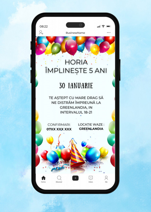 Invitatie Electronica/Digitala aniversare baieti, pentru copii, model Baloane Petrecere