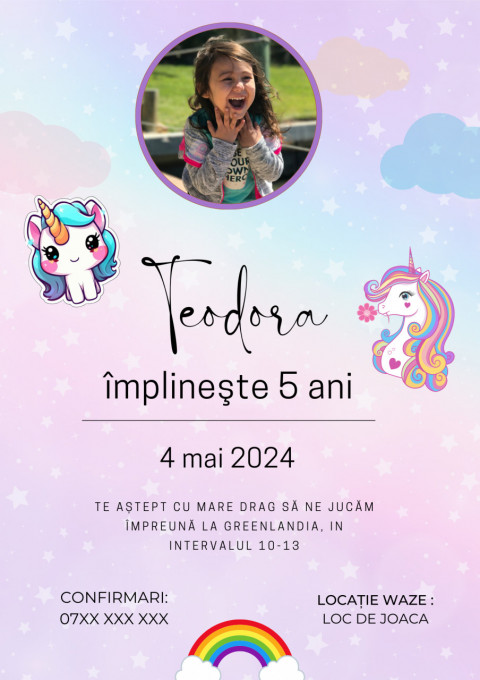 Set 10 invitatii aniversare aniversare fetite, cu plicuri, model Unicorn cu poza