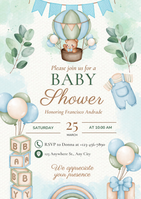 Set 10 invitatii aniversare Baby Shower, cu plicuri, model 1