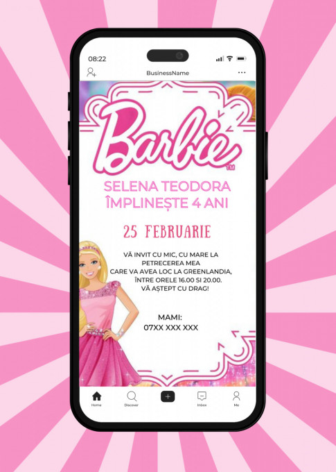 Invitatie Electronica/Digitala aniversare fetite, pentru copii, model Barbie