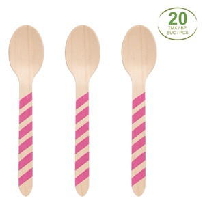 Linguri din Lemn de Petrecere cu Dunga Fucsia 16cm - 20buc