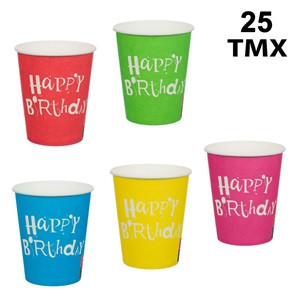 Pahare de Carton de Petrecere Colorate Happy Birthday 240ml - 25buc