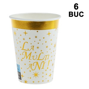 Pahare din Carton Stele Aurii Mesaj ”La Multi Ani!” 270ml - 6buc