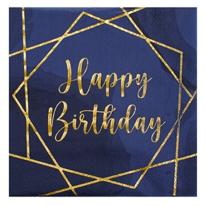 Servetele de Masa Happy Birthday Albastre cu Folie Aurie 33x33cm - 12buc