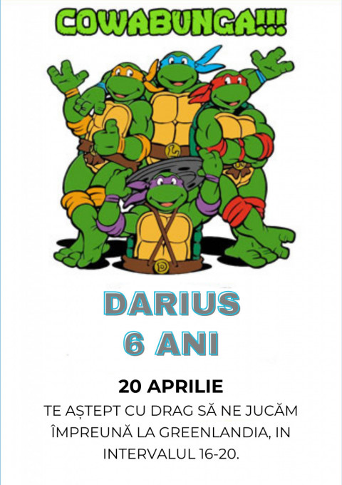 Set 10 invitatii aniversare aniversare baieti, cu plicuri, model Testoasele Ninja