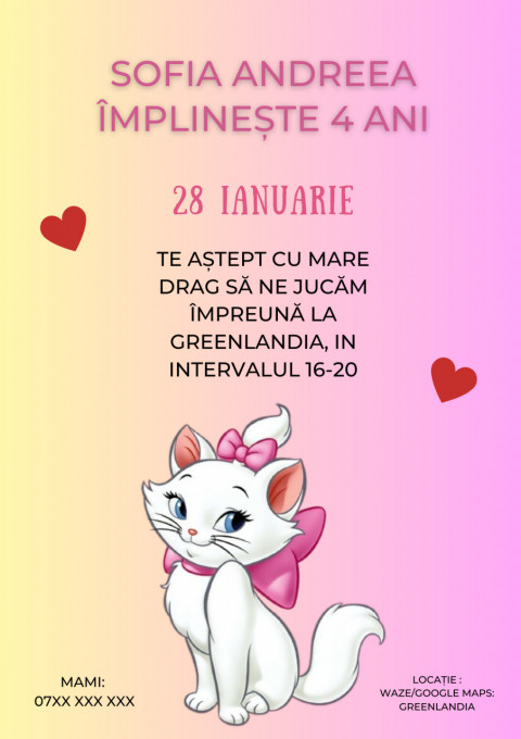 Set 10 invitatii aniversare aniversare fetite, cu plicuri, model Marie - Pisicile aristocrate