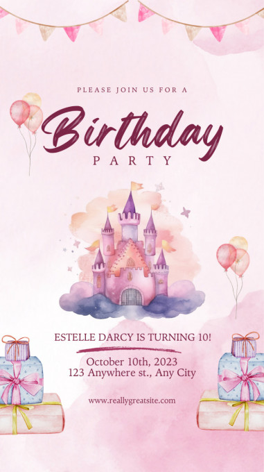 Set 10 invitatii aniversare aniversare fetite, cu plicuri, model Castelul din Poveste