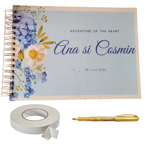 Set Album foto / GuestBook pentru nunta, MODEL 13 Flori, personalizabil, A4 landscape, pix si dubluadeziv inclus, 3 piese
