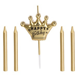 Set Lumanari Zi de Nastere de Culoare Aurie Coroana Happy Birthday - 5buc