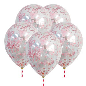Baloane de Petrecere Transparente Roz Confeti 23cm cu Baza - 5buc