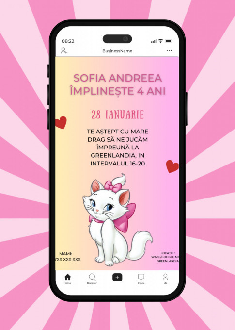 Invitatie Electronica/Digitala aniversare fetite, pentru copii, model Marie Pisicile Aristrocrate